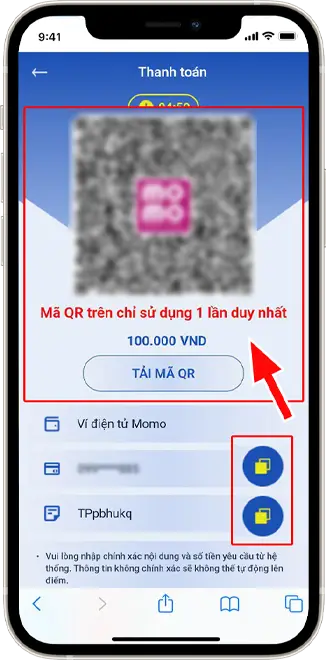 Bước 4: Chụp mà hình mã QR hoặc sao chép các thông tin chuyển khoản, sau đó đăng nhập vào MOMO thực hiện chuyển khoản.